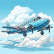 Illustration of an airplane flying in the blue sky among the clouds. Baby picture with an airplane. Child card template