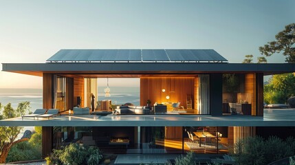 Wall Mural - Sleek modern home showcasing expansive glass walls and integrated solar panels with ocean views at dusk - Concept of sustainable architecture, luxury living, and eco-friendly design