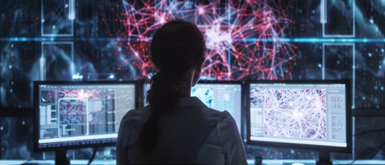 Poster - A futuristic concept shows a female computer engineer working on her computer while looking at two displays. Screens show an interactive neural network, artificial intelligence project, and user