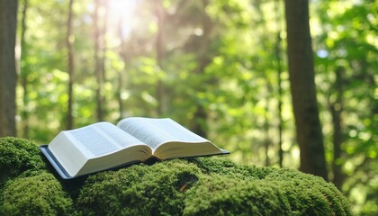 Wall Mural - The Bible resting on a moss in a Lush Forest
