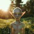 Topless beautiful female alien standing outside in nature during a hot sunny summer day. She's wearing only pants	
