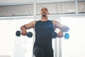 Poster - Fitness, dumbbell and black man in gym for training, workout and wellness for healthy routine. Sports, male person and exercise for muscle strength, resilience and cardio or athlete with commitment