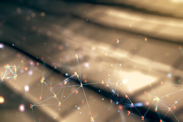 Poster - Abstract virtual technology sketch on shiny metal background, future technology and AI concept. Double exposure