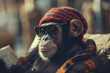 Hipster chimpanzee in stylish outfit enjoying a sunny day