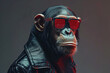 Stylish chimpanzee wearing red striped glasses and black jacket