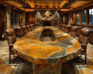 Executive conference room with a massive stone table, high-backed chairs, and state-of-the-art AV equipment