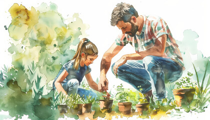 Wall Mural - A man and a girl are planting flowers in a garden