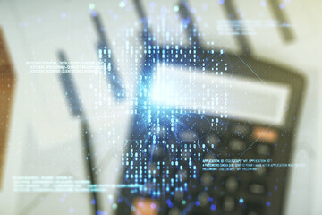 Poster - Double exposure of abstract virtual creative code skull hologram on blurry calculator background. Malware and cyber crime concept