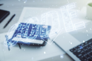 Aufkleber - Code word hologram on blurry calculator and computer background, international software development concept. Multiexposure