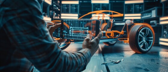 Poster - Design of 3D Electric Car, using smartphone with Augmented Reality. Graphical Engine, Battery, Chassis, Body Collect into Vehicle.