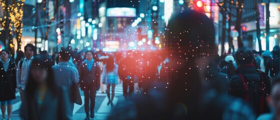 Poster - An evening crowd of business people walking on a busy urban city street is tracked using technology. CCTV AI Facial Recognition Big Data Analysis Interface is scanning, displaying important