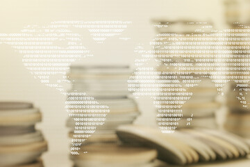 Aufkleber - Double exposure of abstract digital world map hologram on growing coins stacks background, big data and blockchain concept