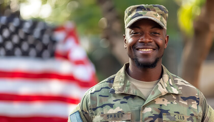 Wall Mural - A man in a military uniform is smiling and holding a flag