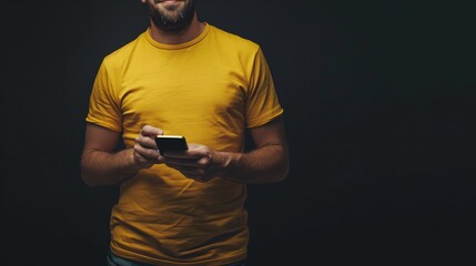 Wall Mural - Closeup view of a man with short hair and beard wearing a yellow t-shirt , holding a smartphone, smiling and standing against black background with copy space on the right