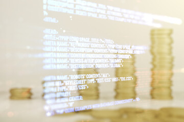 Aufkleber - Double exposure of abstract creative programming illustration on growing coins stacks background, big data and blockchain concept