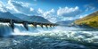 Scenic Hydroelectric Dam with Flowing Water and Mountainous Surroundings. Concept Hydroelectric Power, Scenic Views, Flowing Water, Mountain Surroundings