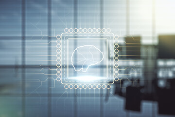 Aufkleber - Virtual creative artificial Intelligence hologram with human brain sketch on a modern conference room background. Multiexposure