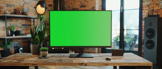 Poster - Stylish Chroma Key Display in Modern Living Room with Brick Wall or Creative Loft Office with Desk. Stands on a Wooden Desk with Adjustable Height.
