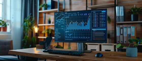 Poster - An Adjustable Height Desk Monitor Displays Economic Charts and Statistics in a Living Room or in a Loft Office.