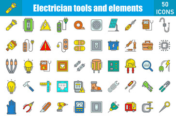 Sticker - Electrician tools and element icon set. Containing Flashlight,Danger,Telephone Stock,Electric Meter,Swtich,Plug,Protect,Fuse,Capacitor,Fuse Box,Power Strip,
Insulating Tape and more. Vector web icons 