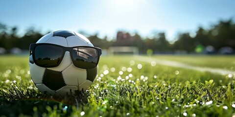 Close-up of soccer ball with sunglasses in sports stadium. Sunny summer day at the football stadium.