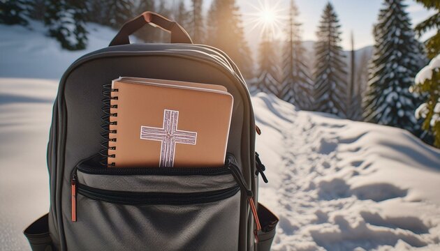 The Bible in the Backpack of a Hiker on a Snowy Mountain.