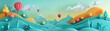 Immerse yourself in a whimsical island fantasy landscape, complete with floating elements and dreamy skies, paper art style sharpen banner template with copy space on center