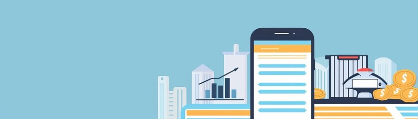 Simple flat design of a mobile banking app interface with essential features and a solid background
