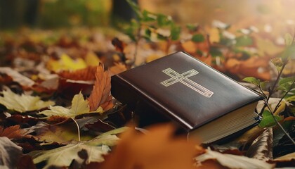 Wall Mural - The Bible nestled amond colorful autumn leaves.