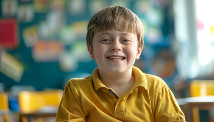 Wall Mural - A boy is sitting at a desk in a classroom with a smile on his face