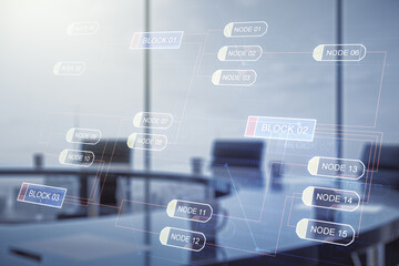 Aufkleber - Multi exposure of abstract creative coding sketch on a modern conference room background, artificial intelligence and neural networks concept