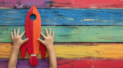 Launch of a red rocket on colorful wooden background, made of wood, held by children's hands. Successful start concept,