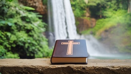 Wall Mural - The Bible parched on a ledge overlooking and majestic Waterfall.