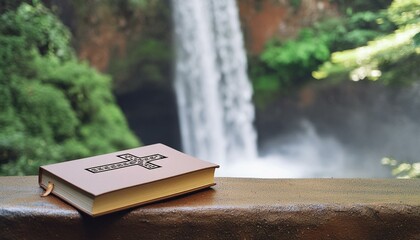 The Bible parched on a ledge overlooking and majestic Waterfall.