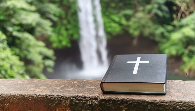 The Bible parched on a ledge overlooking and majestic Waterfall.