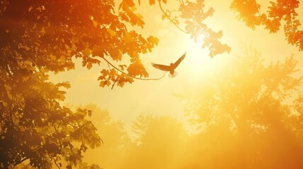 Aufkleber - A bird soaring high in the sky as the sun begins its ascent, freedom in dawn's light