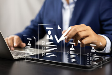 Human resource management technology (HR), Human resource manager touching human resource network structure and checks the CV online to choose the perfect employee for company, Effective recruitment.