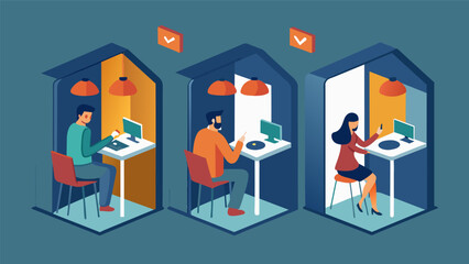 Wall Mural - A designated area with soundproof phone booths and privacy pods for employees who prefer a quiet and private space for making phone calls or. Vector illustration