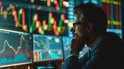 Aufkleber - A businessman analyzing stock market trends with charts and graphs, market insights