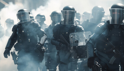 Poster - A group of police officers are standing in front of a building