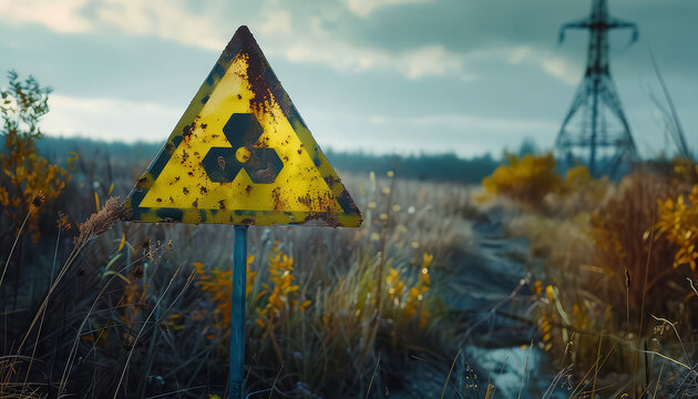 A rusted sign with a radioactive symbol on it is in a field