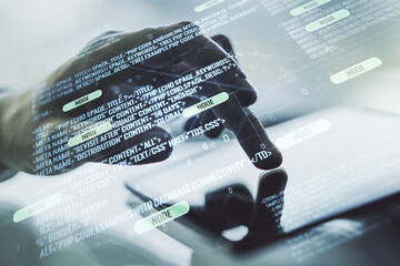Poster - Multi exposure of abstract software development hologram and finger presses on a digital tablet on background, research and analytics concept