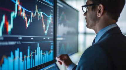 Poster - A businessman discussing stock market trends in a boardroom meeting, market analysis