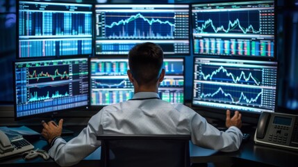 Aufkleber - A businessman monitoring stock market data on multiple computer screens, financial monitoring