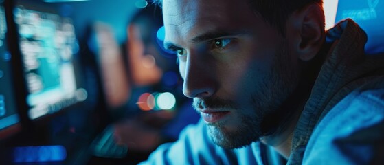 Poster - an engineer working on a desktop computer in a technological office environment. research and develo