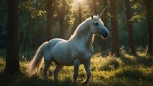 AI Generated Illustration Of A Majestic Unicorn In A Sunlit Forest