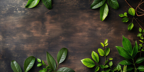 Wooden texture background with a fresh green leaves framing the top and side, giving a vibrant natural feel. copy space