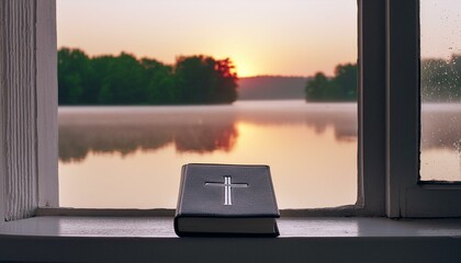Wall Mural - The Bible on a Windowsill overlooking a Misty Lake.