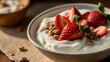 Yogurt with granola and strawberries in a bowl on wooden