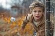 © DKPhoto - Young boy with tousled hair leaning casually on a fence, with autumnal setting